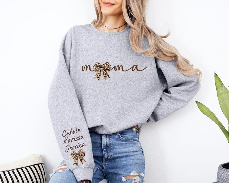 Custom Mama Leopard Sweater With Kids Name On Sleeve, Coquette Bow Mama Sweater Gift