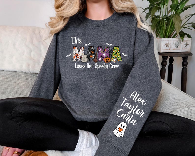 This Mama Loves Her Spooky Crew Sleeve Sweatshirt, Custom Ghost Kids, Personalized Halloween Sweatshirt