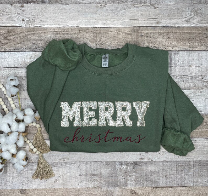 Personalized Merry Christmas Glitter Embroidered Sweatshirt