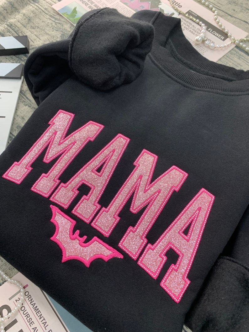 Custom Glitter Applique Embroidered Mama Sweatshirt For Halloween