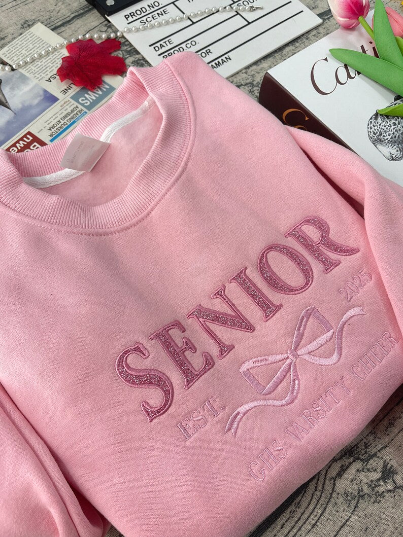 Custom Senior Coquette Bow Embroidered Glitter Sweatshirt