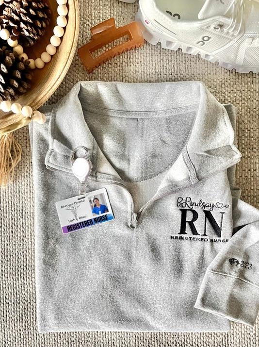 Personalized Nurse Embroidered Quarter Zip Sweatshirt With Sleeve Text