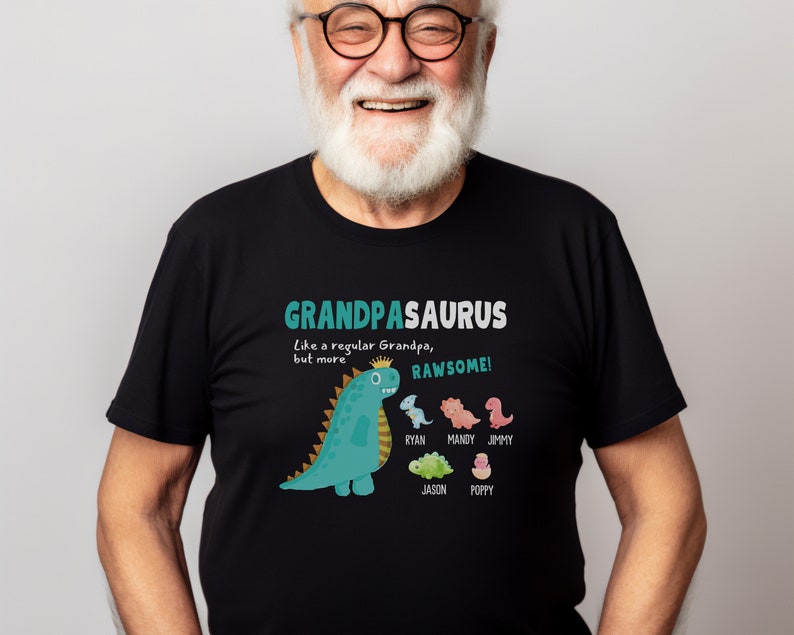 Personalized Grandfather With Grandkids Name Dinosaur Tshirt, Grandpasaurus Short Sleeve Tee