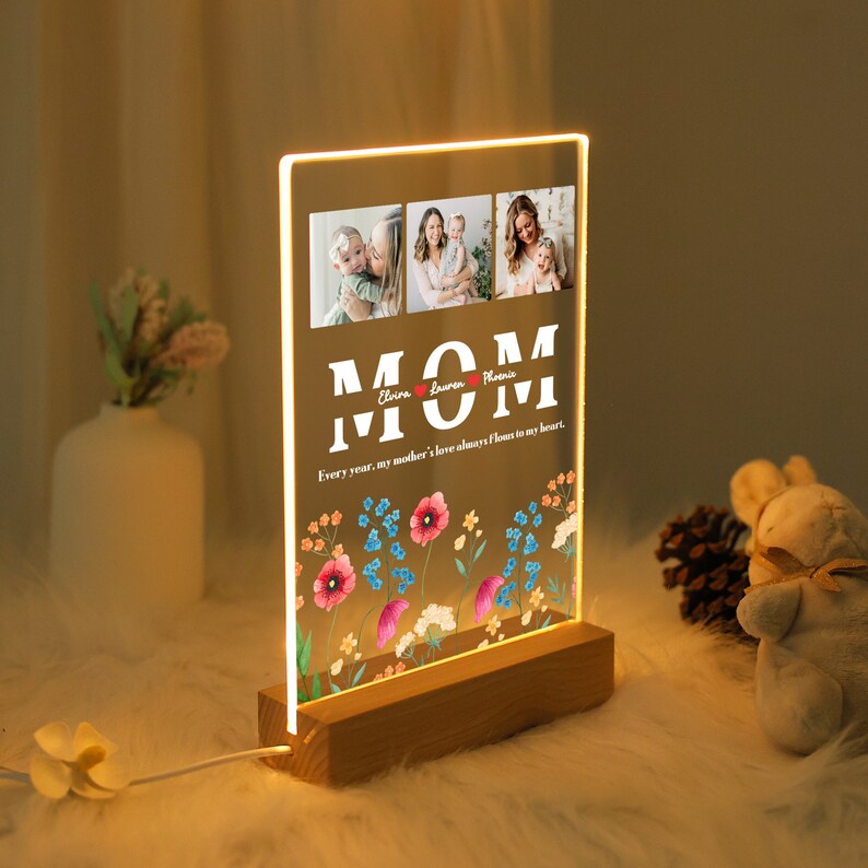 Custom Personalized Photo with Birth Flower Night Light for Mother's Day Gift