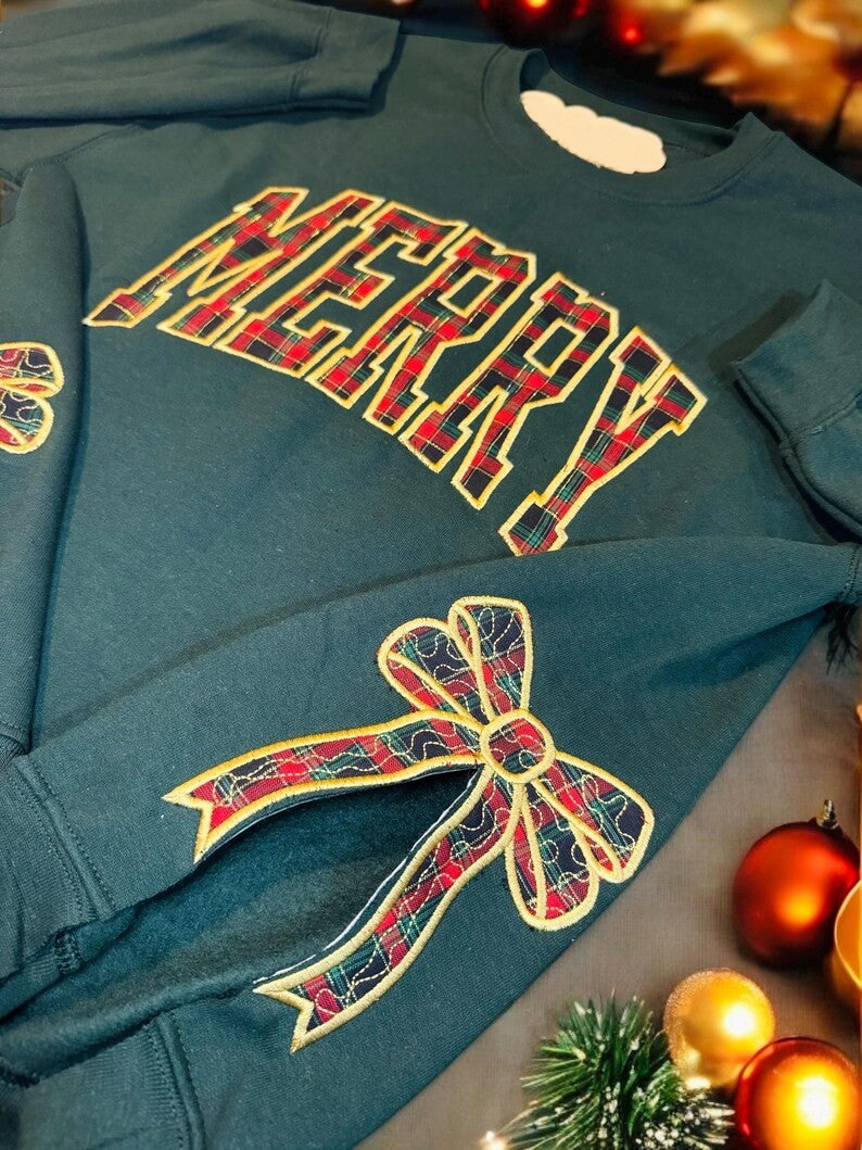 Embroidered Merry Side Bow Cut-Out Sweatshirt