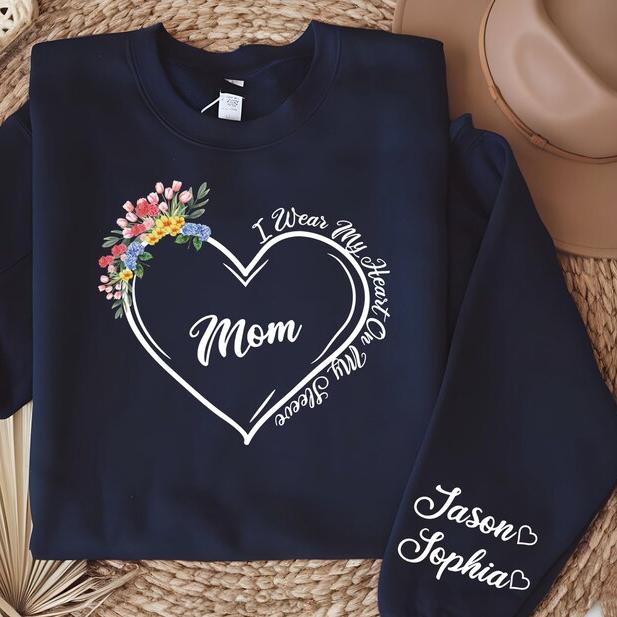 I Wear My Heart On My Sleeve Sweatshirt With Kids Name On Sleeve