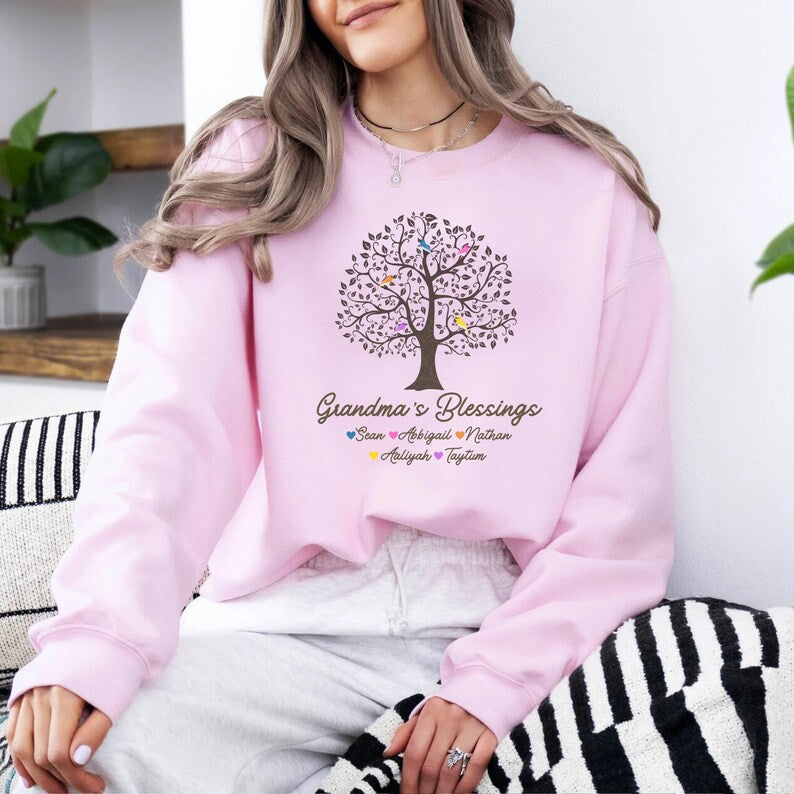 Custom Grandma Sweatshirt with Grandkids Names Personalized Grandma's Blessings Sweatshirt Bird