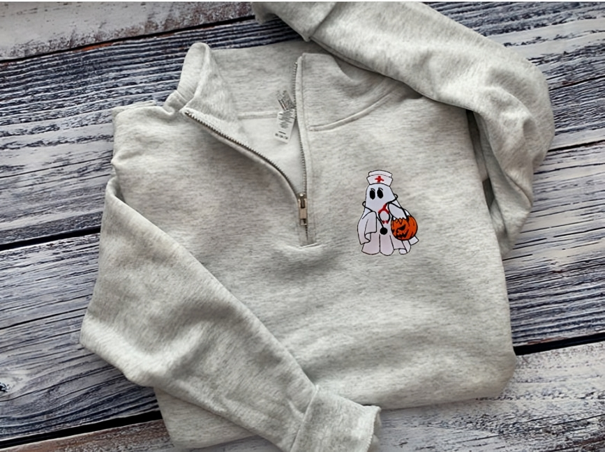 Nurse Sweatshirt-Halloween Embroidered Ghost Sweatshirt