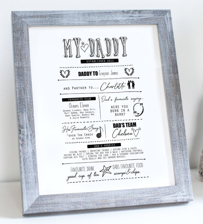 Custom Father's Day Art Wooden Frame, Personalised Family Fathers Day Gift, Dad Print