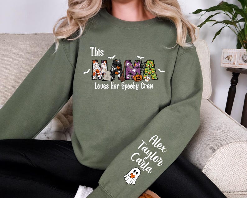 This Mama Loves Her Spooky Crew Sleeve Sweatshirt, Custom Ghost Kids, Personalized Halloween Sweatshirt