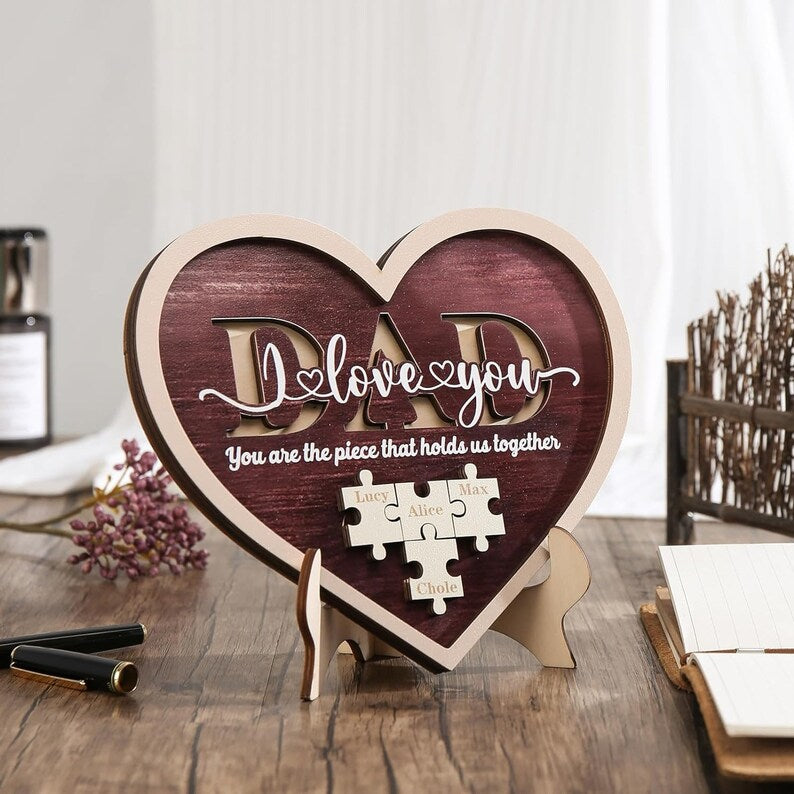 Personalized Dad Puzzle Heart Frame Wood Sign With Kids Name For Father's Day Gift