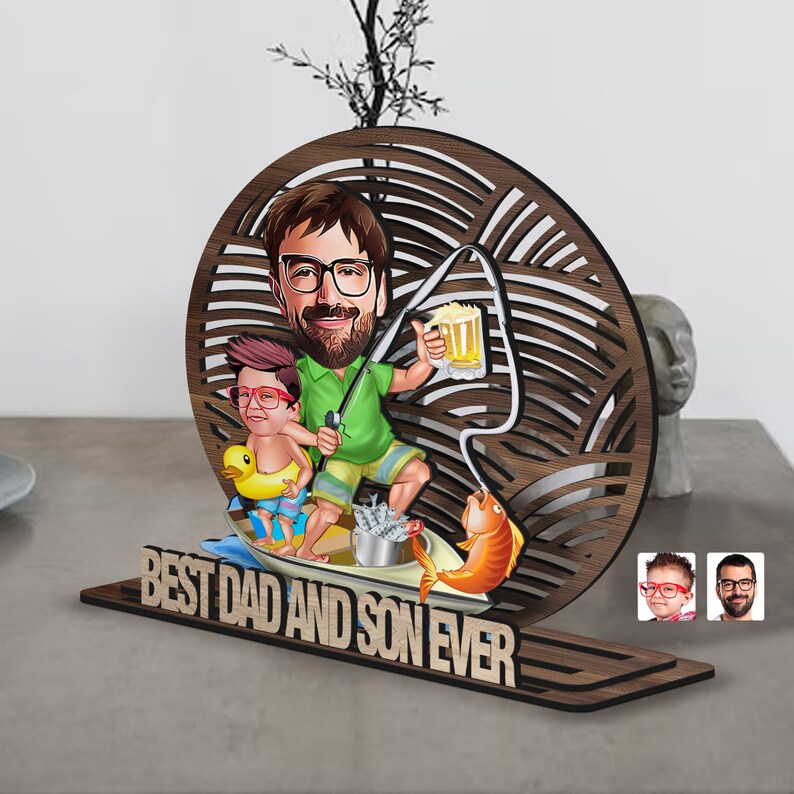 Personalized 3D Wooden Cartoon Father's Day Figurine Trinket, Custom Caricature Portrait, Style 7