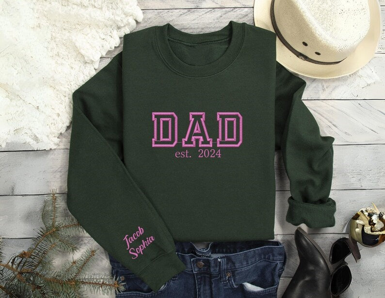 Custom Dad Embroidery Sweatshirt, Personalized Papa Hoodie With Kids Names On Sleeve