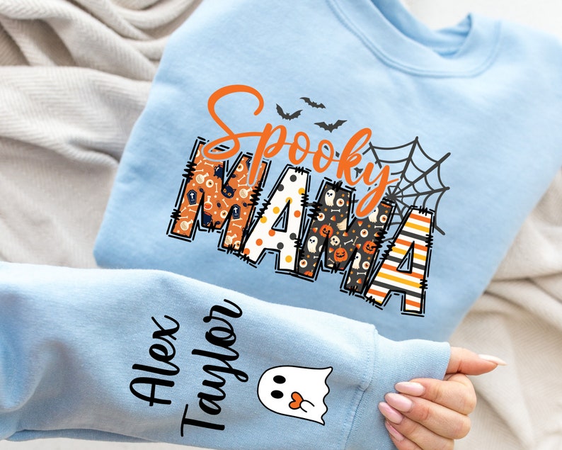 Custom Halloween Spooky Mama Sweatshirt with Kids Name on Sleeve Sweatshirt, Cool Mama Halloween Sweatshirt