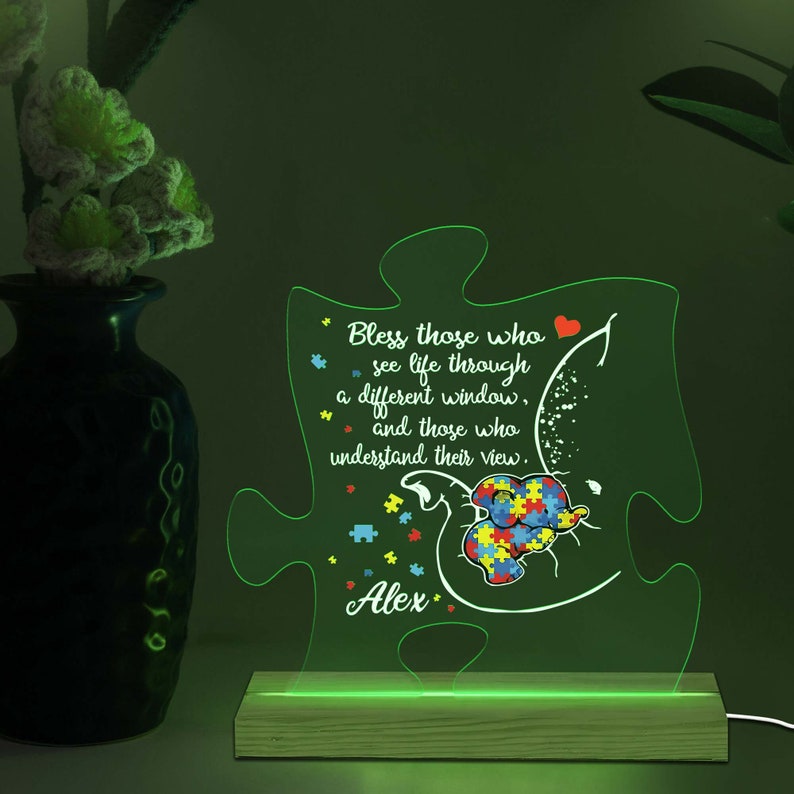 Custom Personalized Autism Mom 3D Multicolor Led Light Wooden Base, Mother's Day Gift