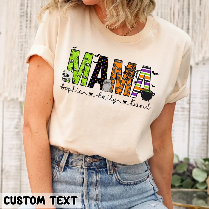 Mama Halloween Shirt, Personalized Mom Shirt for Halloween, Custom Mama Shirt with Kids Name, Halloween Gift For Mom