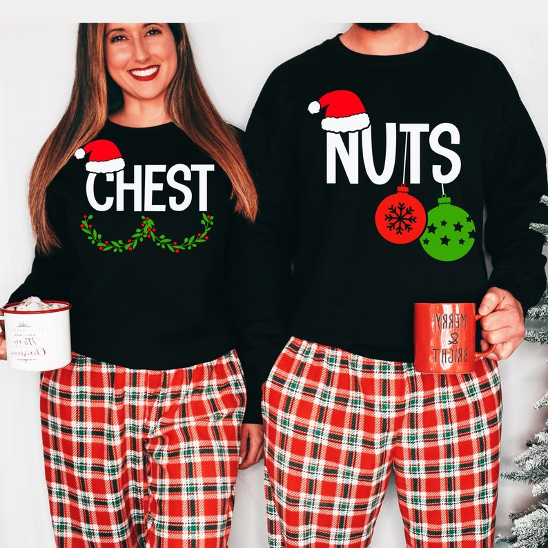 Chest Nuts Matching Couple Embroidered Sweatshirt, Merry Christmas Crewneck Holiday Embroidery Sweatshirt