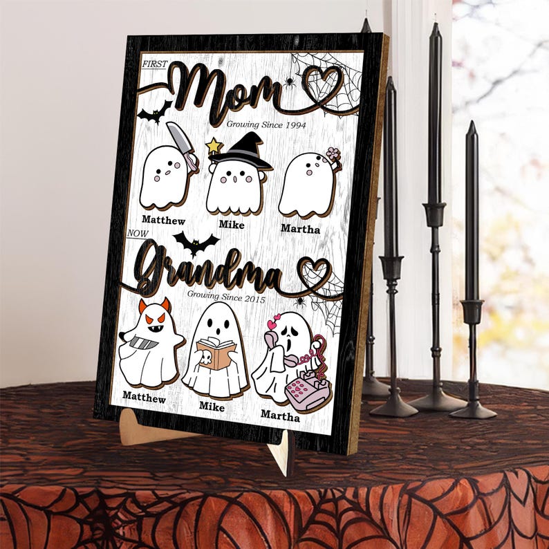 First Mom Now Grandma Personalized Spooky Halloween Ghosts Frame Wooden Sign