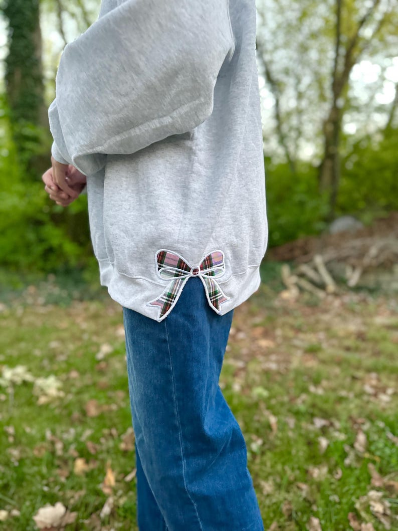 Embroidery Plaid Holiday Side Bow Sweatshirt