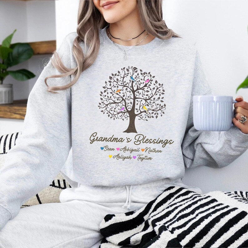 Custom Grandma Sweatshirt with Grandkids Names Personalized Grandma's Blessings Sweatshirt Bird