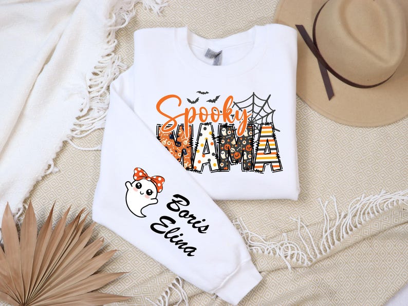 Custom Halloween Spooky Mama Sweatshirt with Kids Name on Sleeve Sweatshirt