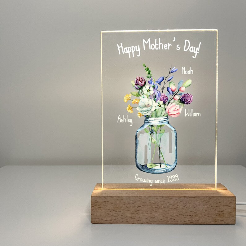 Custom Personalized Flowers Wood Stand Night Light Up Lamp Wooden LED Mom Gift