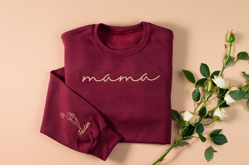 Embroidered Custom Mama Sweatshirt with Mama Birth Flowers & Names on Sleeve