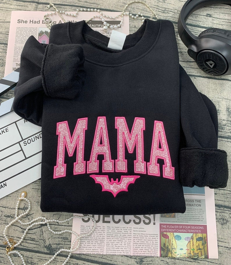 Custom Glitter Applique Embroidered Mama Sweatshirt For Halloween