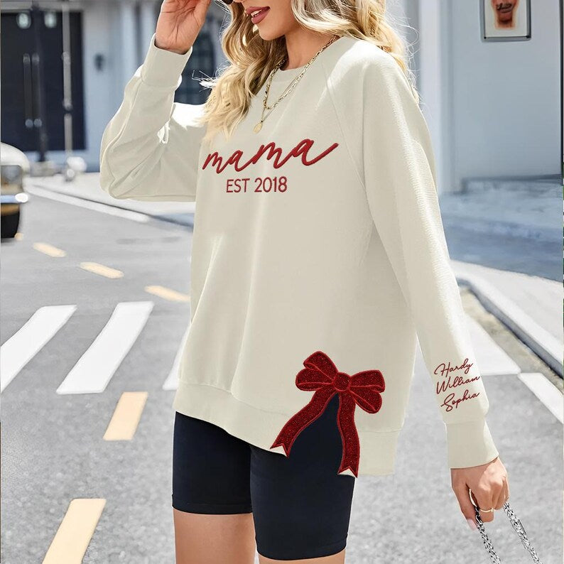 Personalized Mama Embroidered Glitter Side Bow Sweatshirt