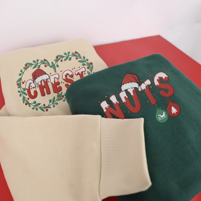 Chest Nuts Matching Couple Embroidered Sweatshirt, Merry Christmas Crewneck Holiday Embroidery Sweatshirt