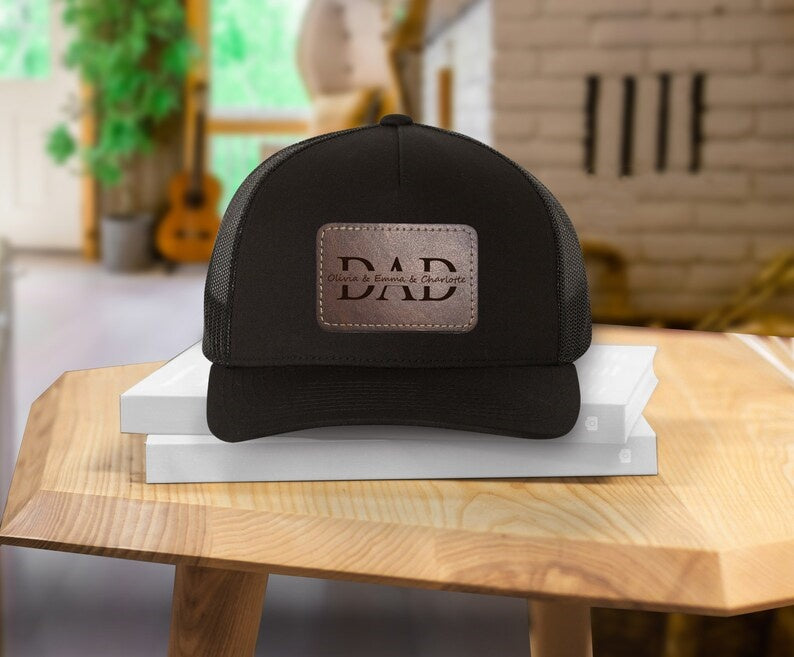 Custom Kids Name Dad Hat, Personalized Dad Gift, Leather Patch Hat