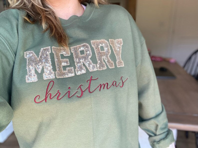 Personalized Merry Christmas Glitter Embroidered Sweatshirt