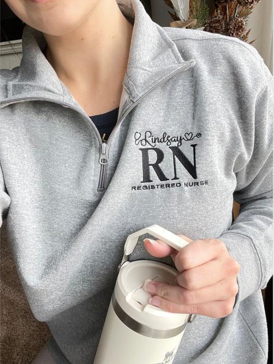 Personalized Nurse Embroidered Quarter Zip Sweatshirt With Sleeve Text