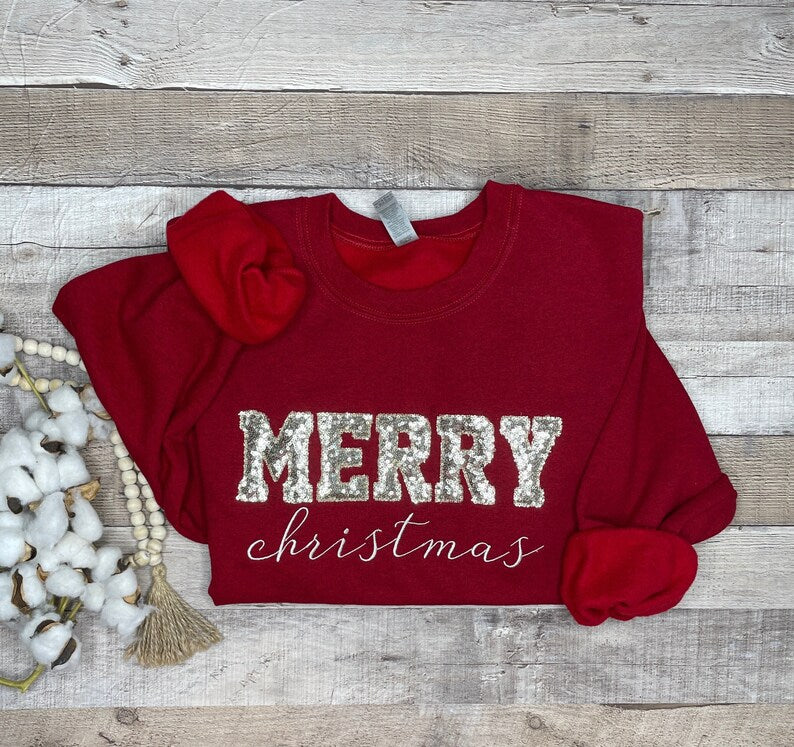 Personalized Merry Christmas Glitter Embroidered Sweatshirt