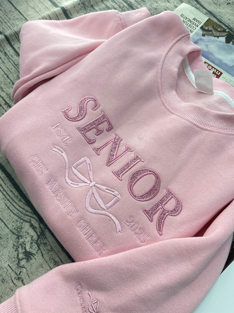 Custom Senior Coquette Bow Embroidered Glitter Sweatshirt