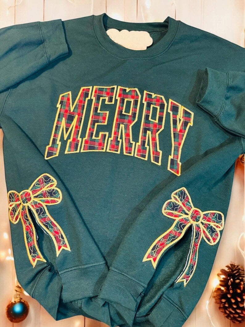 Embroidered Merry Side Bow Cut-Out Sweatshirt