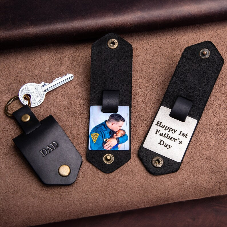 Best gift for Dad from Daughter embossed leather photo key chain, key chain for dad