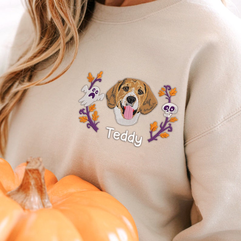 Custom Halloween Embroidered Dog Portrait Photo Sweatshirt