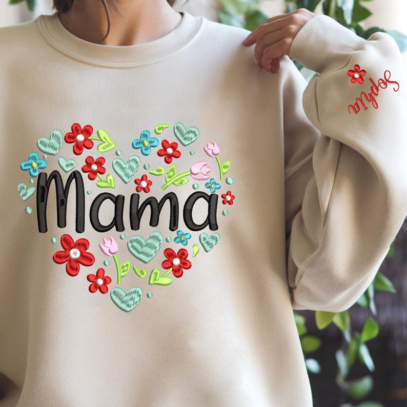 Custom Heart Flower Mama Embroidery Sweatshirt, Gift for Grandma, Mom, Her