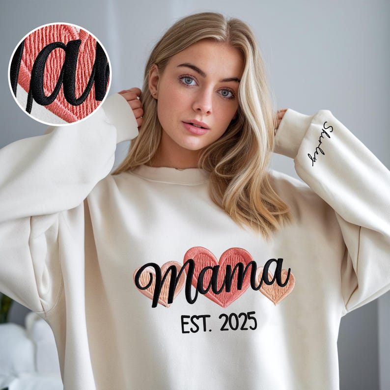 Embroidery Mom Sweatshirt, Retro Heart Mama Shirt, Gift for Grandma, Mom, Her