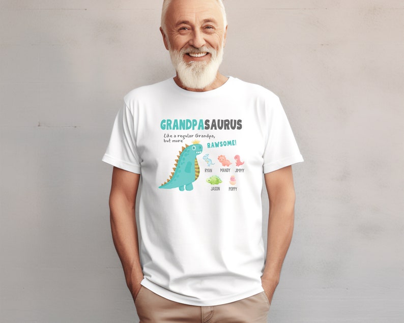 Personalized Grandfather With Grandkids Name Dinosaur Tshirt, Grandpasaurus Short Sleeve Tee