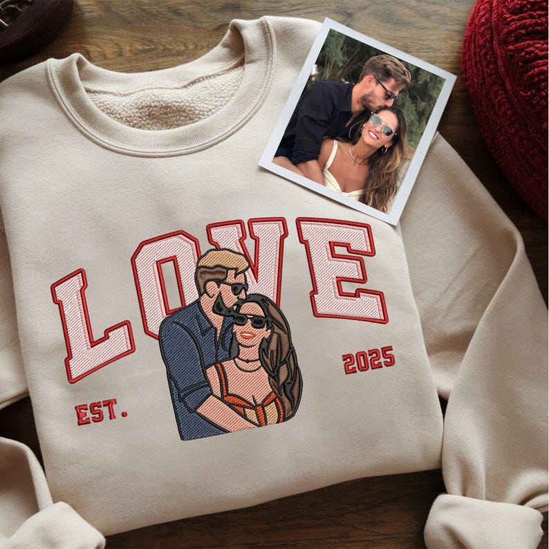 Custom Embroidered Couple Portrait Photo Hoodie