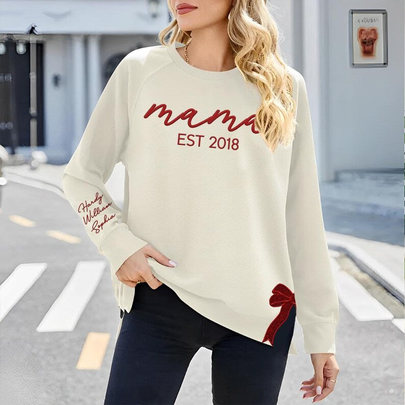 Personalized Mama Embroidered Glitter Side Bow Sweatshirt