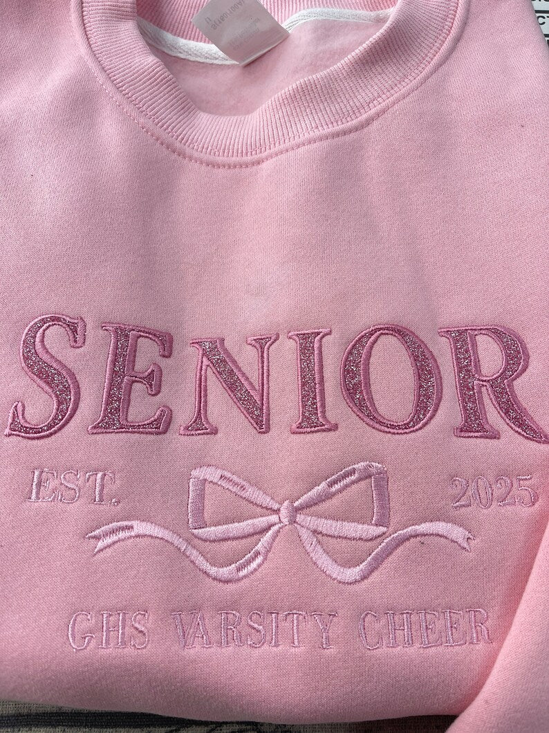 Custom Senior Coquette Bow Embroidered Glitter Sweatshirt