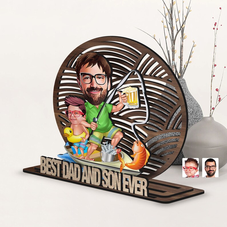 Personalized 3D Wooden Cartoon Father's Day Figurine Trinket, Custom Caricature Portrait, Style 7