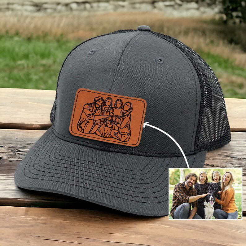 Custom Outline Portrait Trucker Hat Gifts for Dad - Engraved Hat with Photo Father's Day Gift Idea