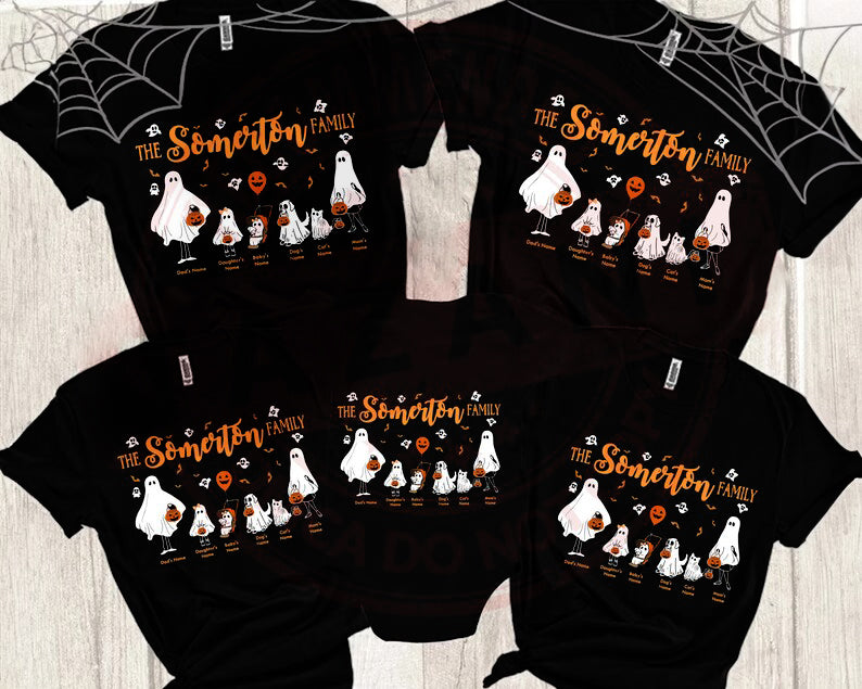 Personalized Halloween Ghost Family Shirt, Custom Family Portrait with Pets Tee