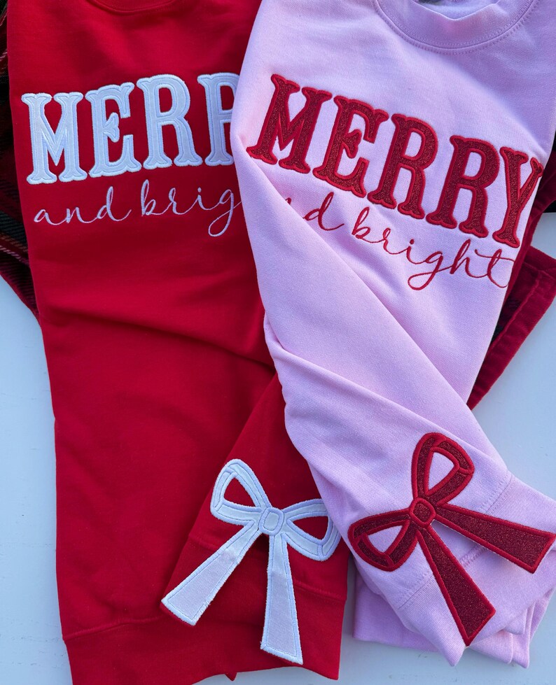 Custom Merry and Bright Glitter Embroidered Side Bow Sweatshirt