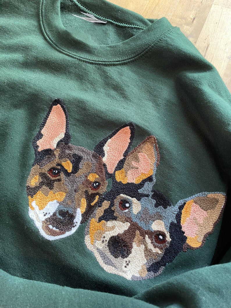 Custom Handmade Handcranked Chainstitch Embroidered Pet Portrait Sweatshirt