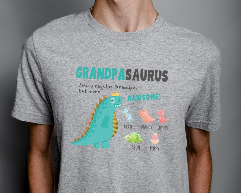 Personalized Grandfather With Grandkids Name Dinosaur Tshirt, Grandpasaurus Short Sleeve Tee